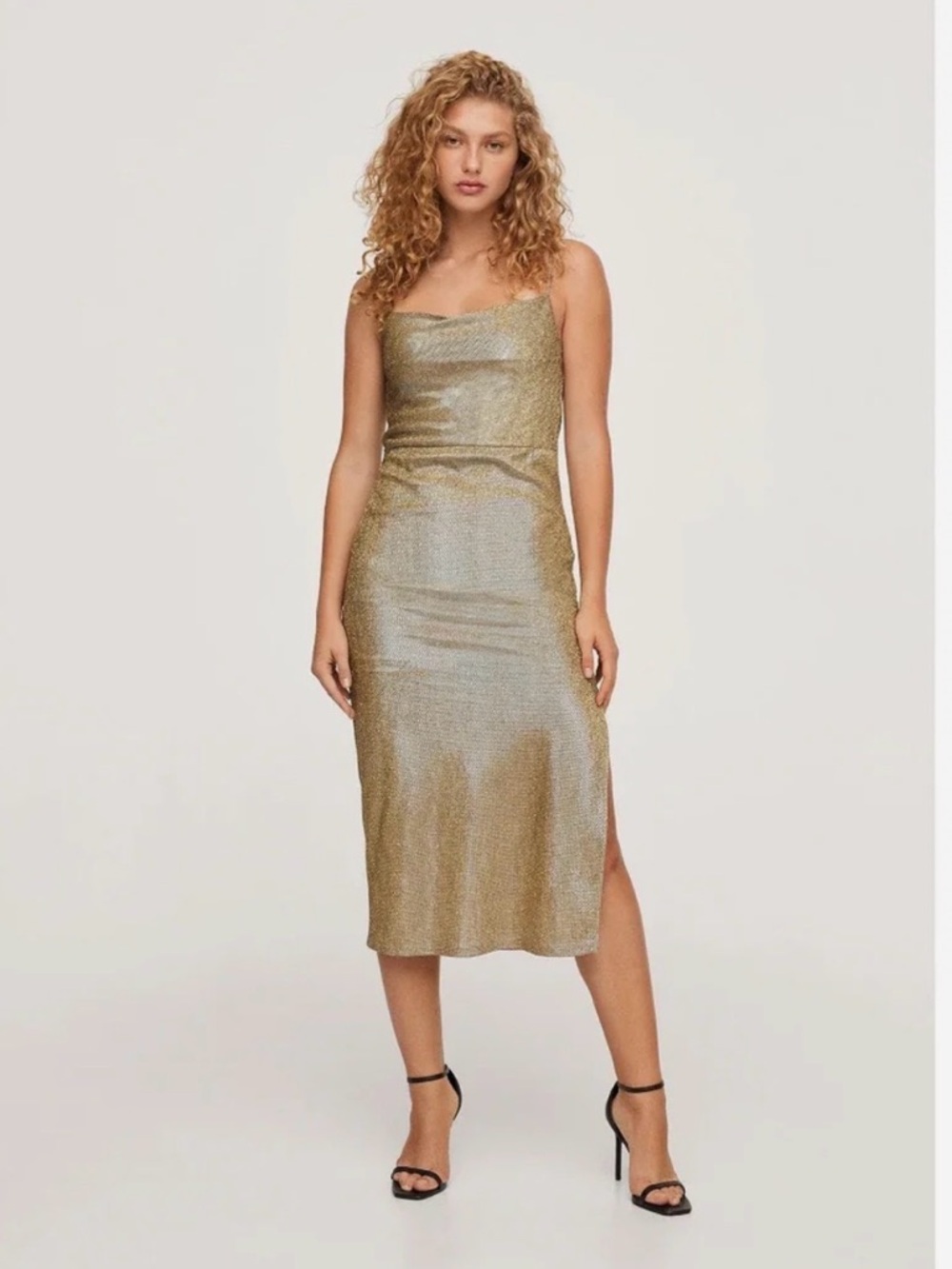 Mango Gold Metallic Slip Midi Dress